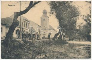 1917 Bereck, Bereczk, Bretcu; utca, templom, osztrák-magyar katonák / WWI K.u.K. military, street with soldiers and church (EK)