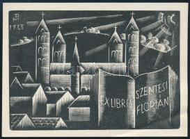 Patay Mihály (1910-1956): Ex libris Szentesi Flórián 1938. linómetszet 8x11 cm