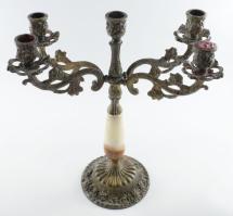 Bronz ötágú gyertyatartó, ónix berakással, m: 34 cm