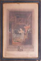 1782 Pierre-Antoine Baudouin (1723-1769) után Pierre-Philippe Choffard (1730-1809) metszése: Marchez tout doux, parlez tout bas (erotikus jelenet). Színezett rézmetszet, papír, kissé sérült, üvegezett fakeretben, 40x28,5 cm, keret: 55x39,5 cm