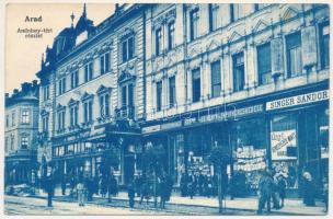 1907 Arad, Andrássy téri részlet, Központi Szálloda, Singer Sándor, Hilyer Mihály, Kintzler Zoltán, Weinberger, Bloch H., Kerpel Izsó üzlete és saját kiadása / square, hotel, shops (EK)