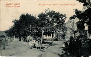 1908 Lippa, Lipova; Marosparti sétány, csendőrök. 3067. (W.L. ?) Zeitler Lajos kiadása / Promenade an dem Ufer des Maros / Mures riverside promenade, gendarmes (EM)