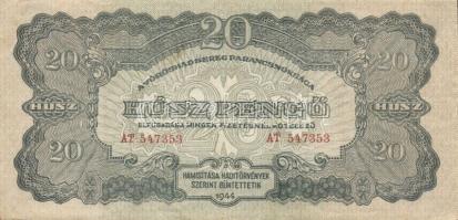 1944. "V. H." 2P, 5P (2x), 20P (4x) közte erős sorszám nyomási eltolódással!, 50P, 100P T:...