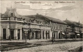 Nagykároly, Carei; Piata Bratianu / Deák tér, Bodola és Mellau, Rubletzky, Karász, Blaskó Róth és Politzer üzlete. Taub kiadása / square, shops (EK)
