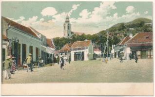 1907 Szilágysomlyó, Simleu Silvaniei; Fő tér, Schupiter János és Verecz üzlete, férfi szabó. Heimlich H. kiadása / main square, shops (EK)