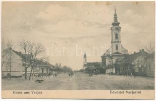 1912 Varjas, Varias; Fő utca, római katolikus templom. Gillich J. kiadása / Roman Catholic church, main street (fl)