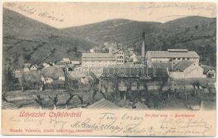 1902 Csiklovabánya, Csiklova, Csiklóbánya, Németcsiklova, Ciclova Montana (Oravica, Oravita); Sörfőző telep, sörgyár. Eiszele Valentin kiadása / Bierbrauerei / brewery, beer factory + "ORAVICZA - JASSENOVA 210. SZ." vasúti mozgóposta bélyegző (fl)
