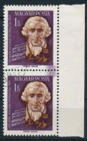 1959 Haydn és Schiller 1Ft függőleges ívszéli pár a 2 bélyeg között lila festékelkenődéssel