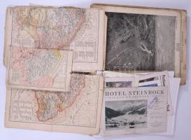 Vegyes térkép tétel, közte utazási prospektusok, atlasz, közte több sérült, hiányos.