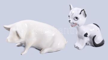 Bólogatós fejű macska és malac asztaldíszek, kis pattogzással, m: 7 cm