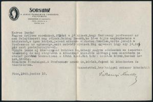 1943 Pécs, Várkonyi Nándor (1896-1975) író, irodalom- és kultúrtörténész, a Sorsunk c. folyóirat szerkesztőjének autográf aláírása gépelt levelén, a Sorsunk folyóirat fejléces levélpapírján