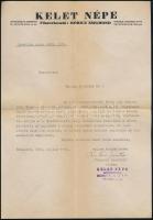 1942 Bp., Vámbéri Gusztáv történelemtanár, a Rákospalotai Múzeum első igazgatója, a Kelet Népe titkárának autográf aláírása az Exodus Irodalmi Rt.-nek címzett, gépelt levelén, a Kelet Népe folyóirat fejléces levélpapírján