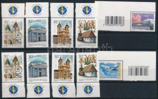2000 50 éves a Ferihegyi repülőtér ívsarki vonalkódos bélyeg + 90 éves a magyar repülés ívsarki vonalkódos bélyeg + Vallástörténet - Templomok I. 2 db sor, alsó és felső ívszéli emblémával