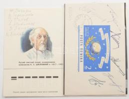 Jurij Alekszejevics Gagarin (1934-1968), Valentyina Vlagyimirovna Tyereskova (1937- ), Valerij Bikovszkij (1934- ), Adrijan Nyikolajev (1929-2004), German Tyitov (1935-2000) és Pavel Popovics (1930-2009) szovjet űrhajósok aláírásai vágott román űrhajós blokkon /  Signatures of Yuriy Alekszeyevich Gagarin (1934-1968), Valentina Tereshkova (1937- ), Valeriy Bikovskiy (1934- ), Adriyan Nikolayev (1929-2004), German Titov (1935-2000) and Pavel Popovich (1930-2009) Soviet astronauts on imperforated Romanian MS