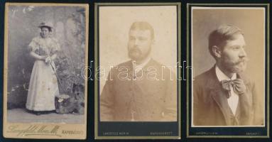 cca 1885 Férfi és női portrék, 3 db keményhátú fotó Langsfeld Mór kaposvári műterméből, egyik kopásnyomokkal, 10,5×6,5 cm