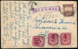 1950 Légi képeslap Pakisztánból Albertirsára 48f portóval