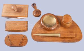 Íróasztali készlet: toll és tintatartó, levéltartó,. levélnyitó kés, Fa és réz, tintatartó porcelán ...