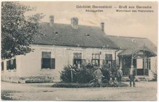1915 Gavosdia, Krassókövesd, Gavojdia; Körjegyzőlak, férfi kerékpárral / Wohnhaus des Kreisnotars / notary's house, bicycle + "CS. ÉS KIR. ELLENŐRZŐ BIZOTTSÁG TEMESVÁR" (apró szakadás / tiny tear)