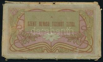 1911 A Szent Olvasó tizenőt titka, litho képek sérült papír tokban, 3-as titok hiányzik, 12,5×7 cm