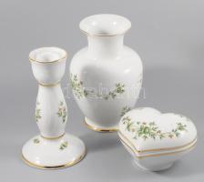 Hollóházi 3 részes Erika mintás asztali szett, jelzett, hibátlan, m: 15 cm