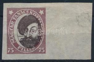 1919 Magyar Tanácsköztársasági arcképek 75f ívszéli vágott próbanyomat gumi és vízjel nélküli papíron, a középrész elcsúszásával