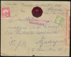 ~1916 Cenzúrázott levél Turul 10f + 5f bérmentesítéssel, segélybélyeggel "K.u.k. BRIEFZENSUR KARÁNSEBES"