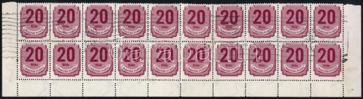 1946 Forint-filléres portó 20f 20-as ívdarab hajtva, benne "fiéllr" tévnyomat