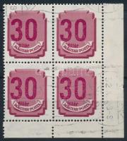 1946 Forint-filléres portó 30f ívsarki négyestömb az értékszám és a fillér szó eltolódva