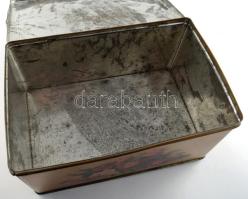 Antik festett fémdoboz, kopással, ütődéssel, 26x18 cm