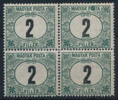1920 Magyar Posta 2f portó négyestömb zöld festékfolt a POSTA szó O betűjén (a lemezhibás bélyeg postatiszta)