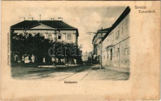Temesvár, Timisoara; Balázs tér, villamospálya. Corvina könyvkereskedés / square, tram track (fl)