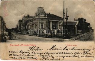 1900 Temesvár, Timisoara; Erzsébetváros, Dózsa utca, vasúti átkelő és sorompó. Králicsek Béla kiadása / street view, railway crossing and barrier (szakadás / tear)