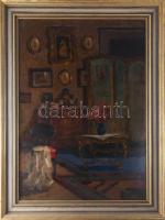 Olvashatatlan jelzéssel: Enteriőr. Olaj, karton, jelzett, Dekoratív keretben. 70x 50 cm