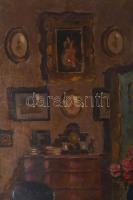 Olvashatatlan jelzéssel: Enteriőr. Olaj, karton, jelzett, Dekoratív keretben. 70x 50 cm