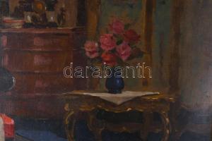 Olvashatatlan jelzéssel: Enteriőr. Olaj, karton, jelzett, Dekoratív keretben. 70x 50 cm