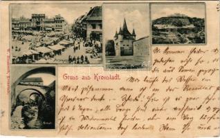 1899 Brassó, Kronstadt, Brasov; Purzengasse, Katharinentor, Schlossberg, Die Graft / Kapu utca, piac, üzletek, Katalin-kapu, Fellegvár, Árokmente. W. Hiemesch kiadása / street, market, shops, gate, castle hill, promenade. Art Nouveau (vágott / cut)