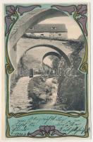 1901 Brassó, Kronstadt, Brasov; Graft, Árokmente. Szecessziós-virágos litho keret / promenade, creek. Art Nouveau, floral litho frame (EK)