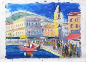 Jelzés nélkül: Mediterrán utcakép. Olaj, vászon vakráma nélkül 30x40 cm
