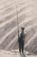 Kórusz József (1927-2010): Horgász. Rézkarc, papír, kartonra kasírozva, jelzett, 29x20 cm