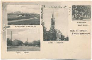 1913 Temesság, Saágh, Dreispitz, Sag; Temes-Brücke, Bahnstation, Mühle, Kirche / Temes híd, Vasútállomás, Templom, Malom / bridge, railway station, mill, church. Floral (EK)
