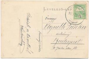 1913 Temesság, Saágh, Dreispitz, Sag; Temes-Brücke, Bahnstation, Mühle, Kirche / Temes híd, Vasútáll...