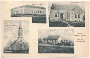 1907 Kisbecskerek, Becicherecu Mic, Kleinbetschkerek; M. kir. állami iskola, Római katolikus templom, Papi lak, Klein Jakab-féle üzlet és saját kiadása / school, church, rectory, shop (EB)