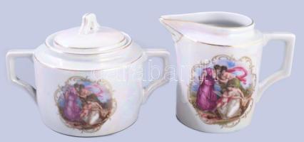 Zsolnay lüszteres zsánermintás kávés készlet, kiöntő nélkül, jelzett, egyik csészén pattanással