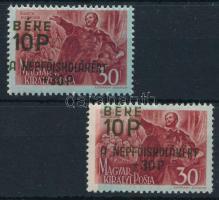 1945 Béke 10P/30f elcsúszott felülnyomással + támpéldány elcsúszott kék alapnyomattal