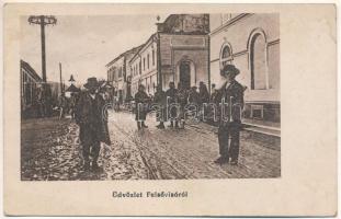 1940 Felsővisó, Viseu de Sus; utca részlet télen, zsinagóga / street view in winter, synagogue (Rb)