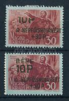 1945 Béke 10P/30f hiányos felülnyomással + támpéldány elcsúszott kék alapnyomattal