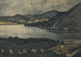 Novák Lajos (1927-1989) Dunakanyar. Rézkarc, papír, kartorna kasírozva, jelzett, 35x48 cm