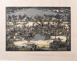 Török Endre (1926-1980): Újévi vásár. Színes linómetszet, papír, jelzett. számozott 8/15 29x42 cm