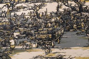 Török Endre (1926-1980): Újévi vásár. Színes linómetszet, papír, jelzett. számozott 8/15 29x42 cm