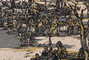 Török Endre (1926-1980): Újévi vásár. Színes linómetszet, papír, jelzett. számozott 8/15 29x42 cm